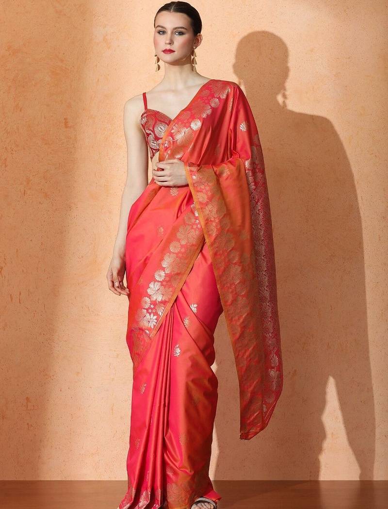 Orange woven design banarasi sarees with blouse piece