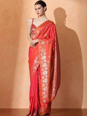 Orange woven design banarasi sarees with blouse piece 2