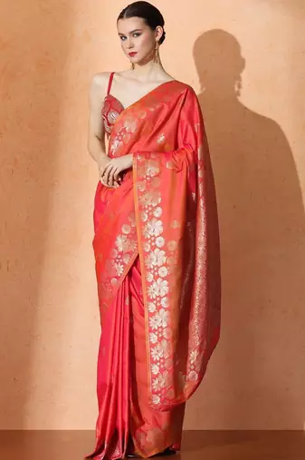 Orange woven design banarasi sarees with blouse piece