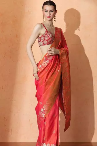 Orange woven design banarasi sarees with blouse piece
