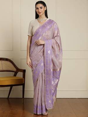 Purple ethnic motifs woven design chanderi saree with unstitched blouse 1