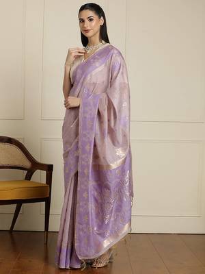 Purple ethnic motifs woven design chanderi saree with unstitched blouse 2