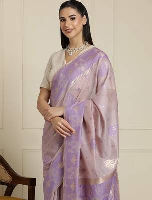 Purple ethnic motifs woven design chanderi saree with unstitched blouse 4