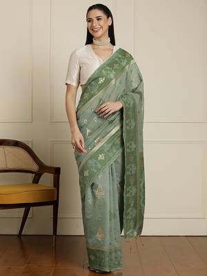 Green ethnic motifs woven design chanderi saree with unstitched blouse 1