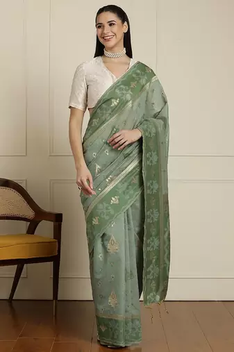 Green ethnic motifs woven design chanderi saree with unstitched blouse