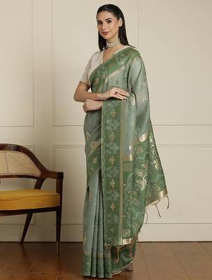 Green ethnic motifs woven design chanderi saree with unstitched blouse 2