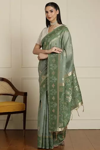 Green ethnic motifs woven design chanderi saree with unstitched blouse