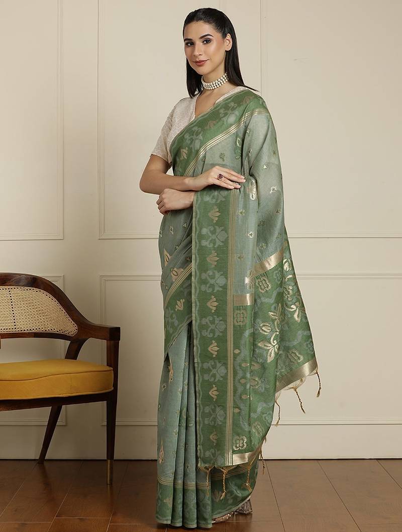 Green ethnic motifs woven design chanderi saree with unstitched blouse