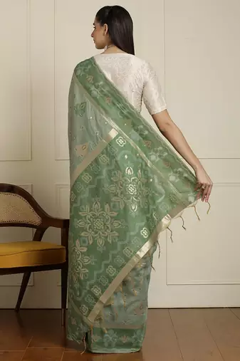 Green ethnic motifs woven design chanderi saree with unstitched blouse