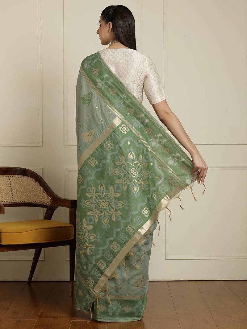 Green ethnic motifs woven design chanderi saree with unstitched blouse