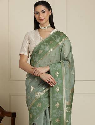 Green ethnic motifs woven design chanderi saree with unstitched blouse 4