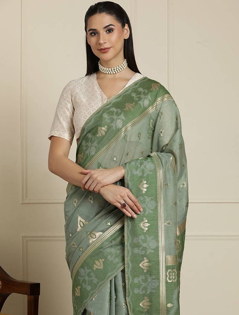 Green ethnic motifs woven design chanderi saree with unstitched blouse