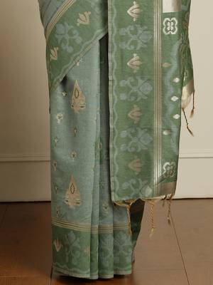 Green ethnic motifs woven design chanderi saree with unstitched blouse 5