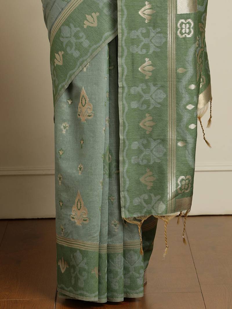 Green ethnic motifs woven design chanderi saree with unstitched blouse