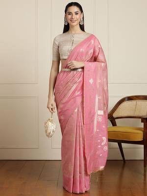 Pink ethnic motif woven design zari chanderi saree with unstitched blouse 1