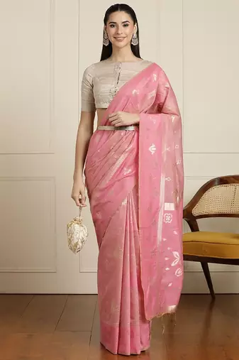 Pink ethnic motif woven design zari chanderi saree with unstitched blouse