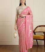 Pink ethnic motif woven design zari chanderi saree with unstitched blouse