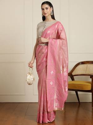Pink ethnic motif woven design zari chanderi saree with unstitched blouse 2