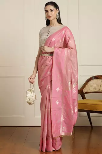 Pink ethnic motif woven design zari chanderi saree with unstitched blouse