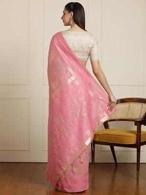 Pink ethnic motif woven design zari chanderi saree with unstitched blouse 3