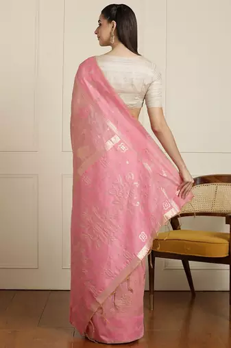 Pink ethnic motif woven design zari chanderi saree with unstitched blouse