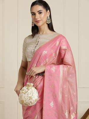 Pink ethnic motif woven design zari chanderi saree with unstitched blouse 4