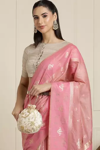 Pink ethnic motif woven design zari chanderi saree with unstitched blouse