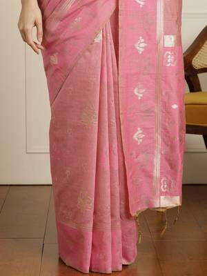Pink ethnic motif woven design zari chanderi saree with unstitched blouse 5
