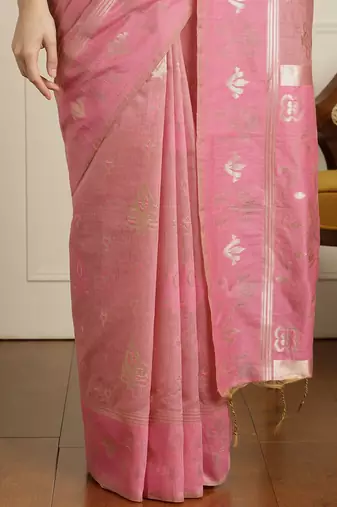 Pink ethnic motif woven design zari chanderi saree with unstitched blouse