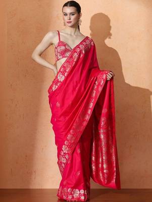 Pink woven design banarasi sarees with blouse piece 1