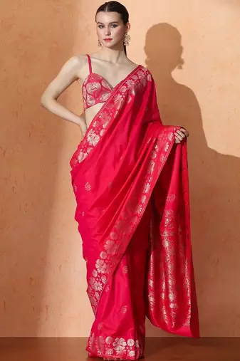 Pink woven design banarasi sarees with blouse piece