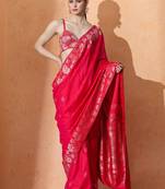 Pink woven design banarasi sarees with blouse piece