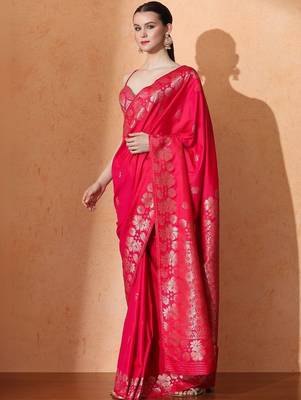 Pink woven design banarasi sarees with blouse piece 2