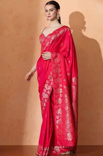 Pink woven design banarasi sarees with blouse piece