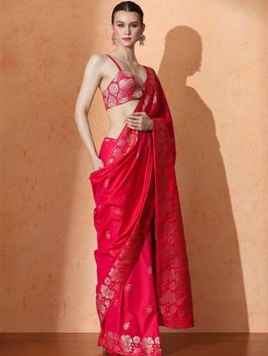 Pink woven design banarasi sarees with blouse piece 3