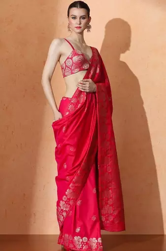 Pink woven design banarasi sarees with blouse piece