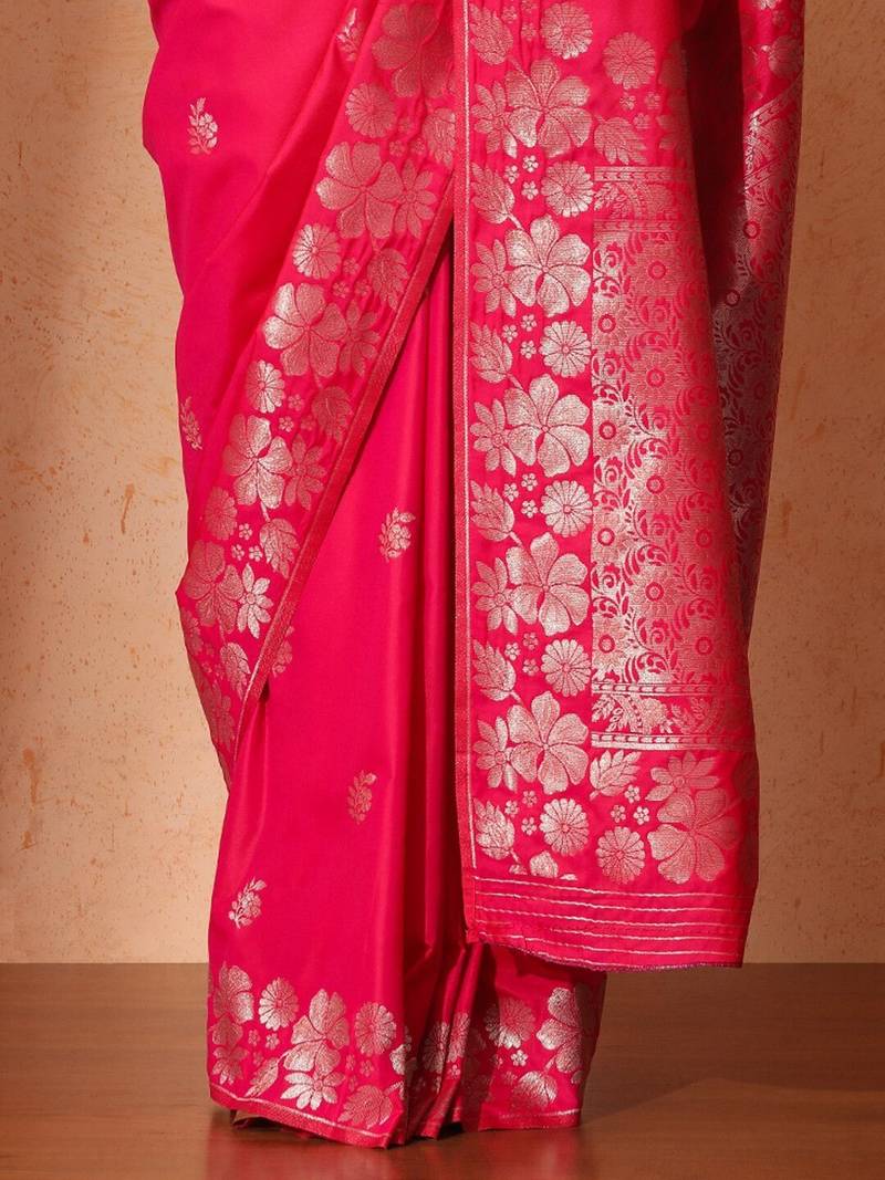 Pink woven design banarasi sarees with blouse piece