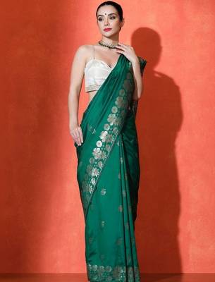 Green woven design katan sarees with blouse piece 1