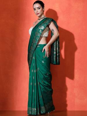 Green woven design katan sarees with blouse piece 2