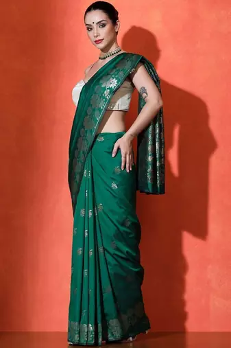 Green woven design katan sarees with blouse piece