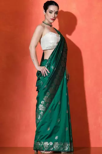 Green woven design katan sarees with blouse piece