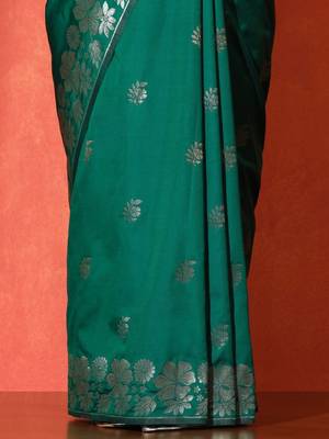 Green woven design katan sarees with blouse piece 5