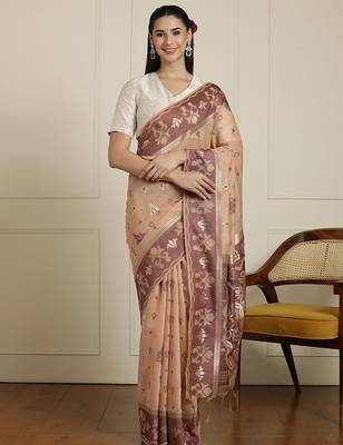 Beige ethnic motif woven design zari chanderi saree 1