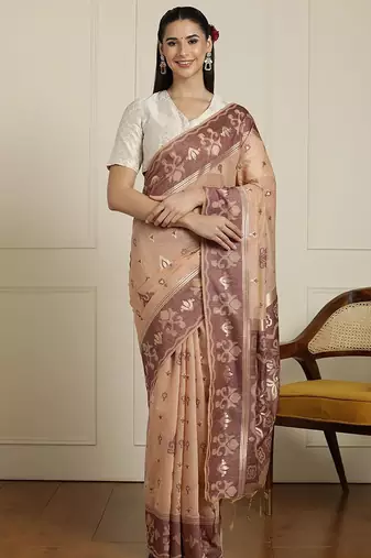Beige ethnic motif woven design zari chanderi saree