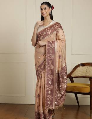 Beige ethnic motif woven design zari chanderi saree 2