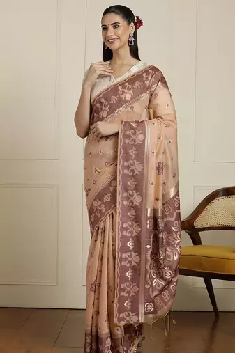 Beige ethnic motif woven design zari chanderi saree