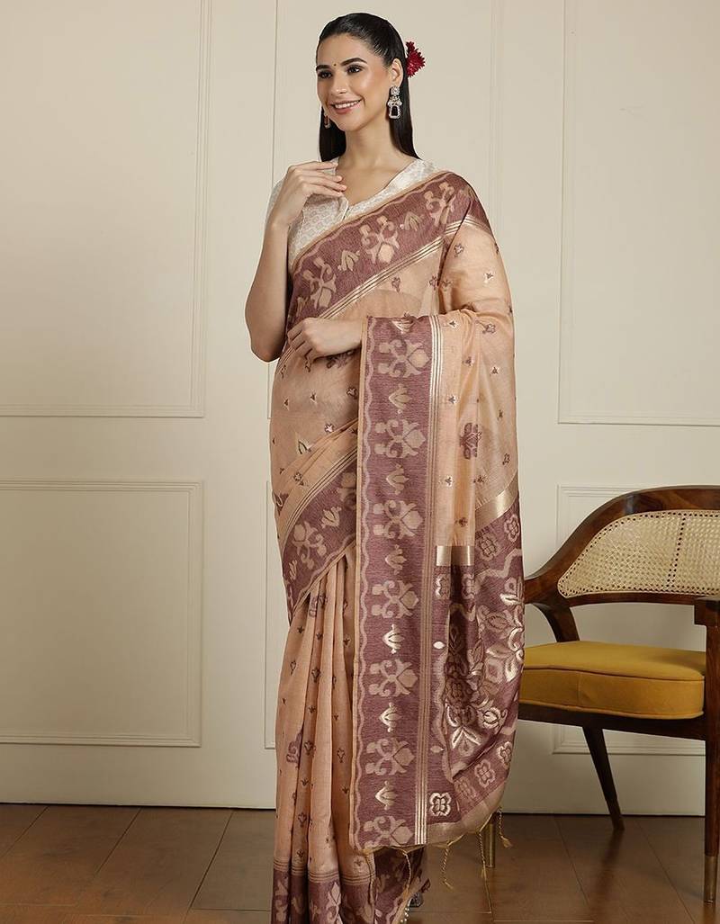 Beige ethnic motif woven design zari chanderi saree