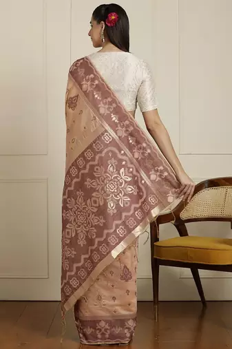 Beige ethnic motif woven design zari chanderi saree