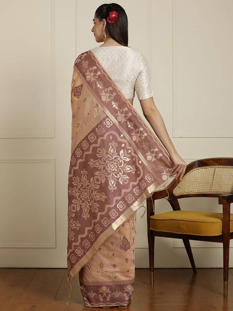 Beige ethnic motif woven design zari chanderi saree