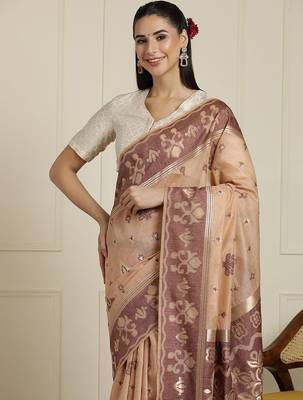 Beige ethnic motif woven design zari chanderi saree 4